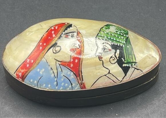 Handmade Other - Traditional Indian Miniature Art Women Brass Shell Trinket Box Velvet Lined VTG